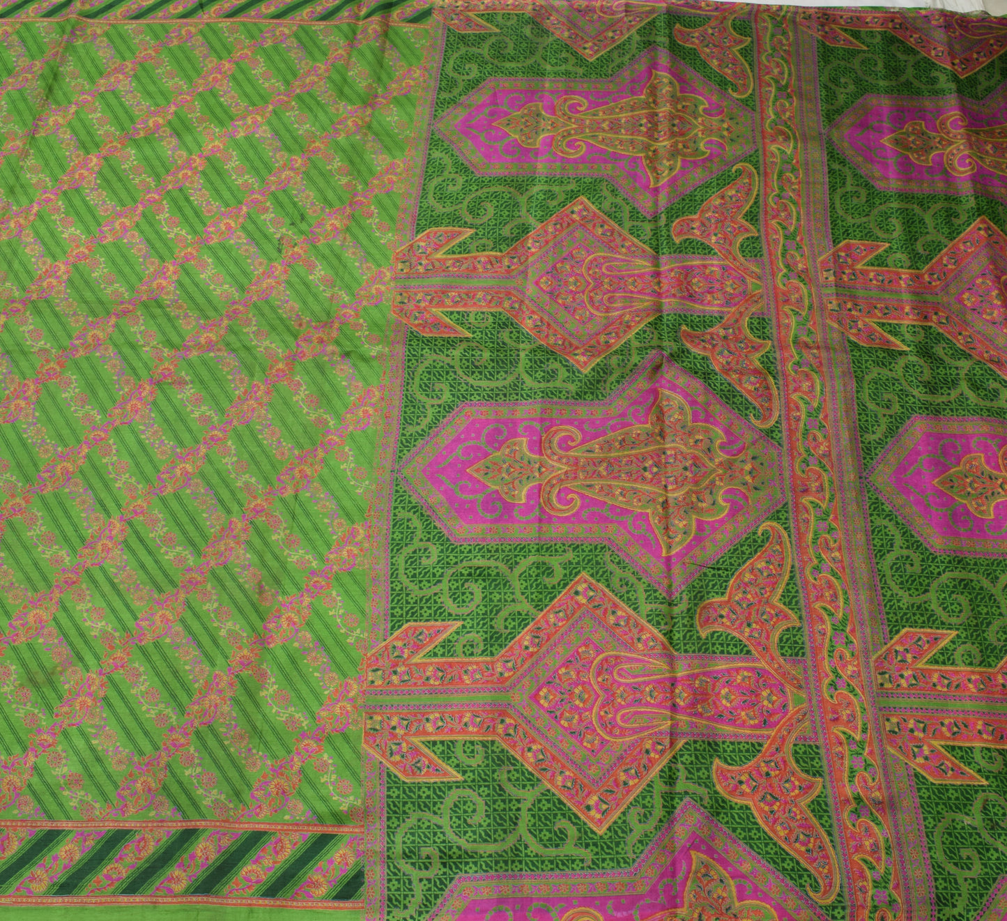 Sushila Vintage Green Saree 100% Pure Silk Printed Floral Soft Craft 5 YD Fabric