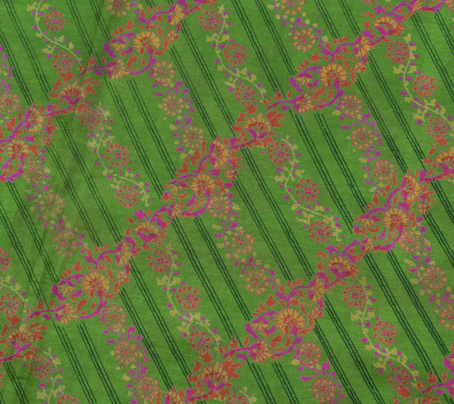 Sushila Vintage Green Saree 100% Pure Silk Printed Floral Soft Craft 5 YD Fabric