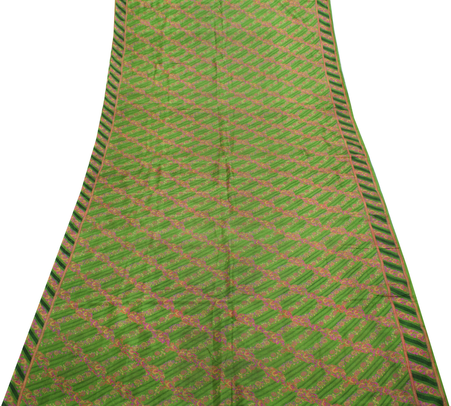 Sushila Vintage Green Saree 100% Pure Silk Printed Floral Soft Craft 5 YD Fabric