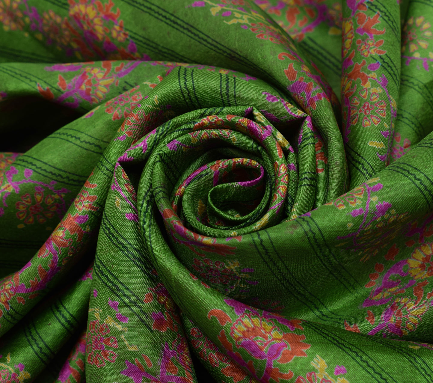 Sushila Vintage Green Saree 100% Pure Silk Printed Floral Soft Craft 5 YD Fabric
