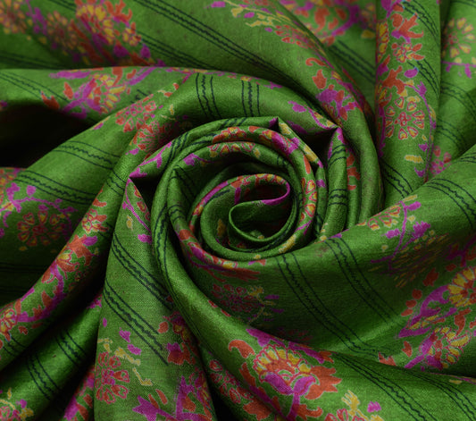 Sushila Vintage Green Saree 100% Pure Silk Printed Floral Soft Craft 5 YD Fabric