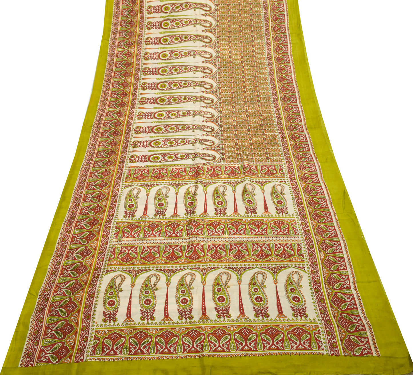 Sushila Vintage Cream Saree 100% Pure Silk Printed Paisley Soft Craft Fabric