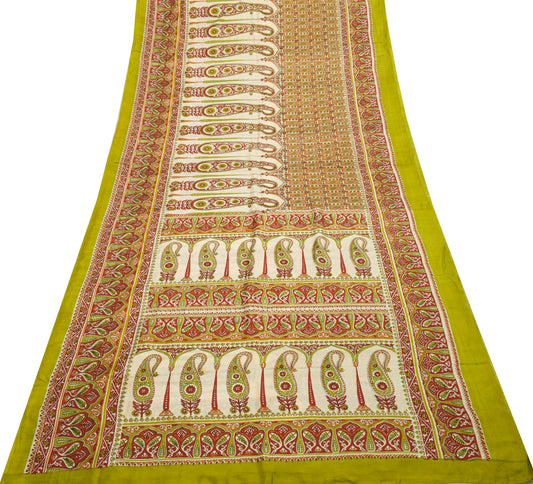 Sushila Vintage Cream Saree 100% Pure Silk Printed Paisley Soft Craft Fabric