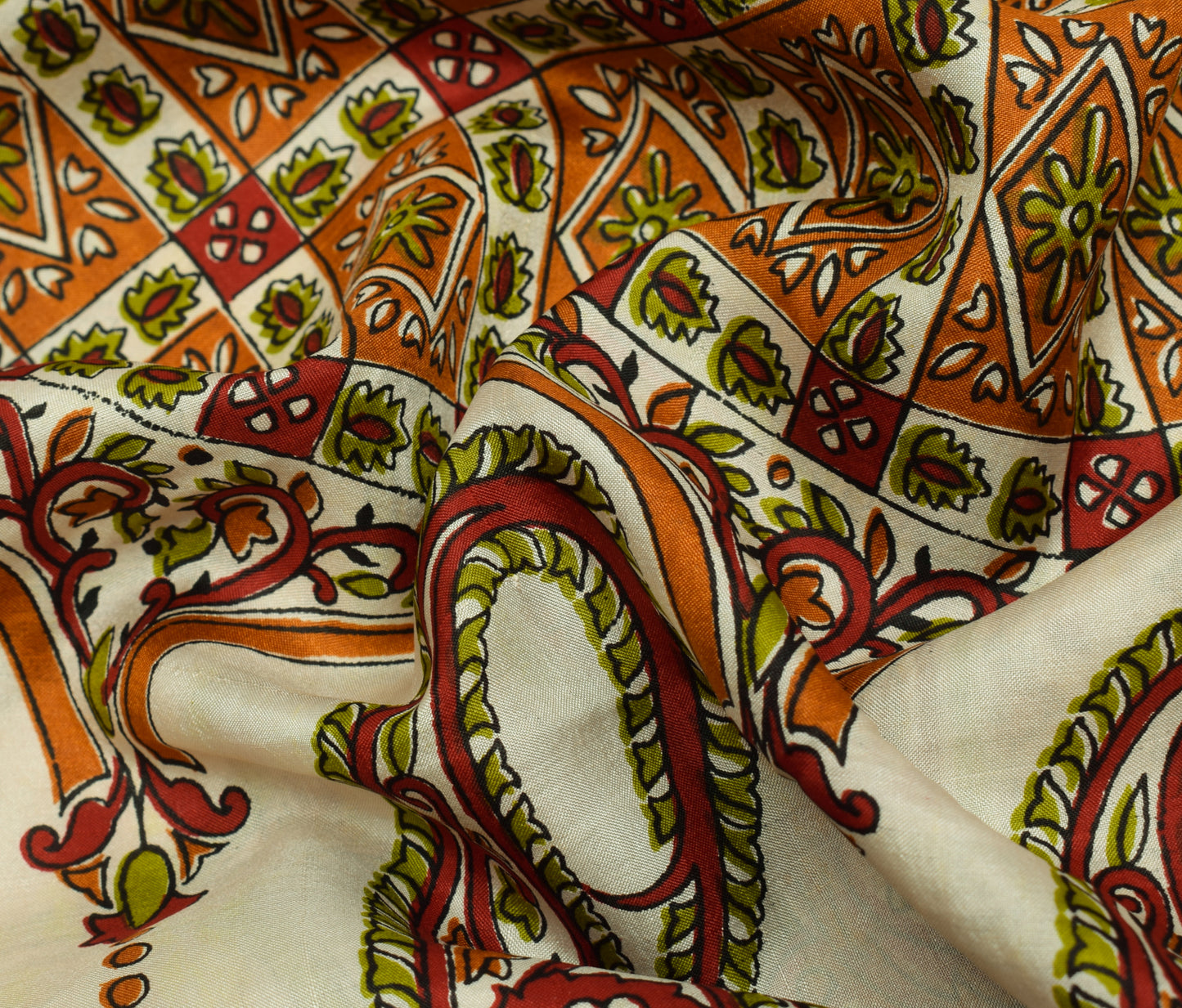 Sushila Vintage Cream Saree 100% Pure Silk Printed Paisley Soft Craft Fabric