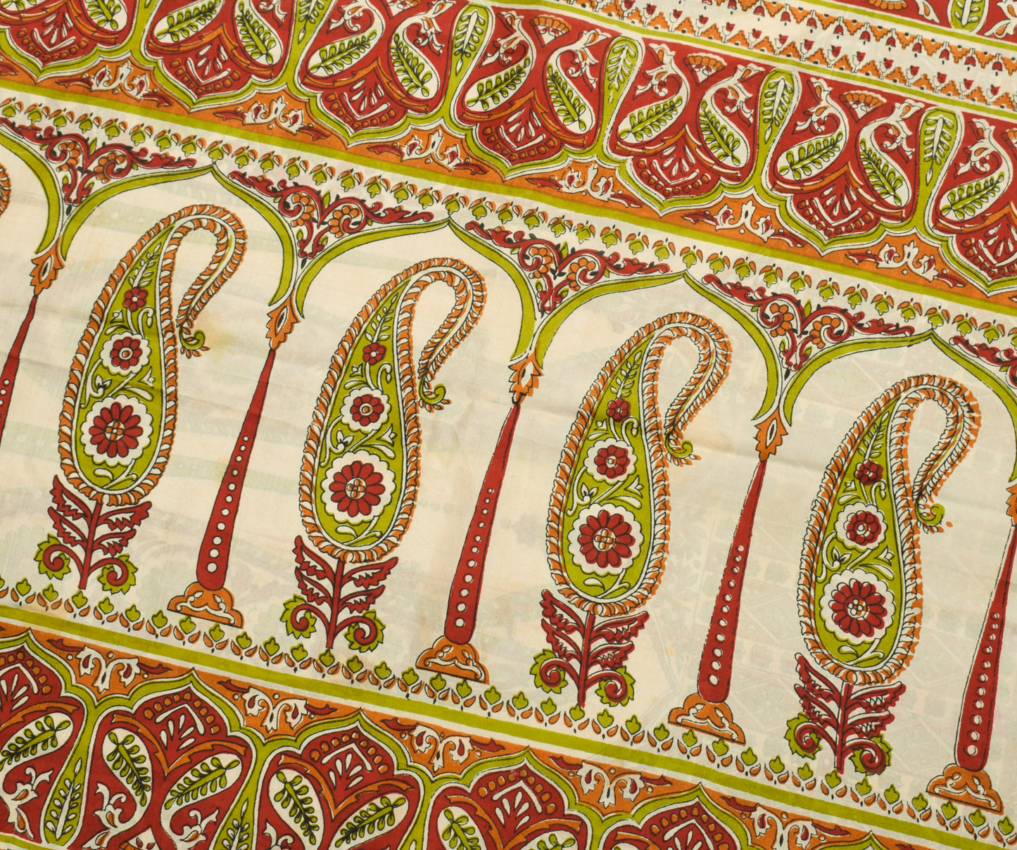 Sushila Vintage Cream Saree 100% Pure Silk Printed Paisley Soft Craft Fabric