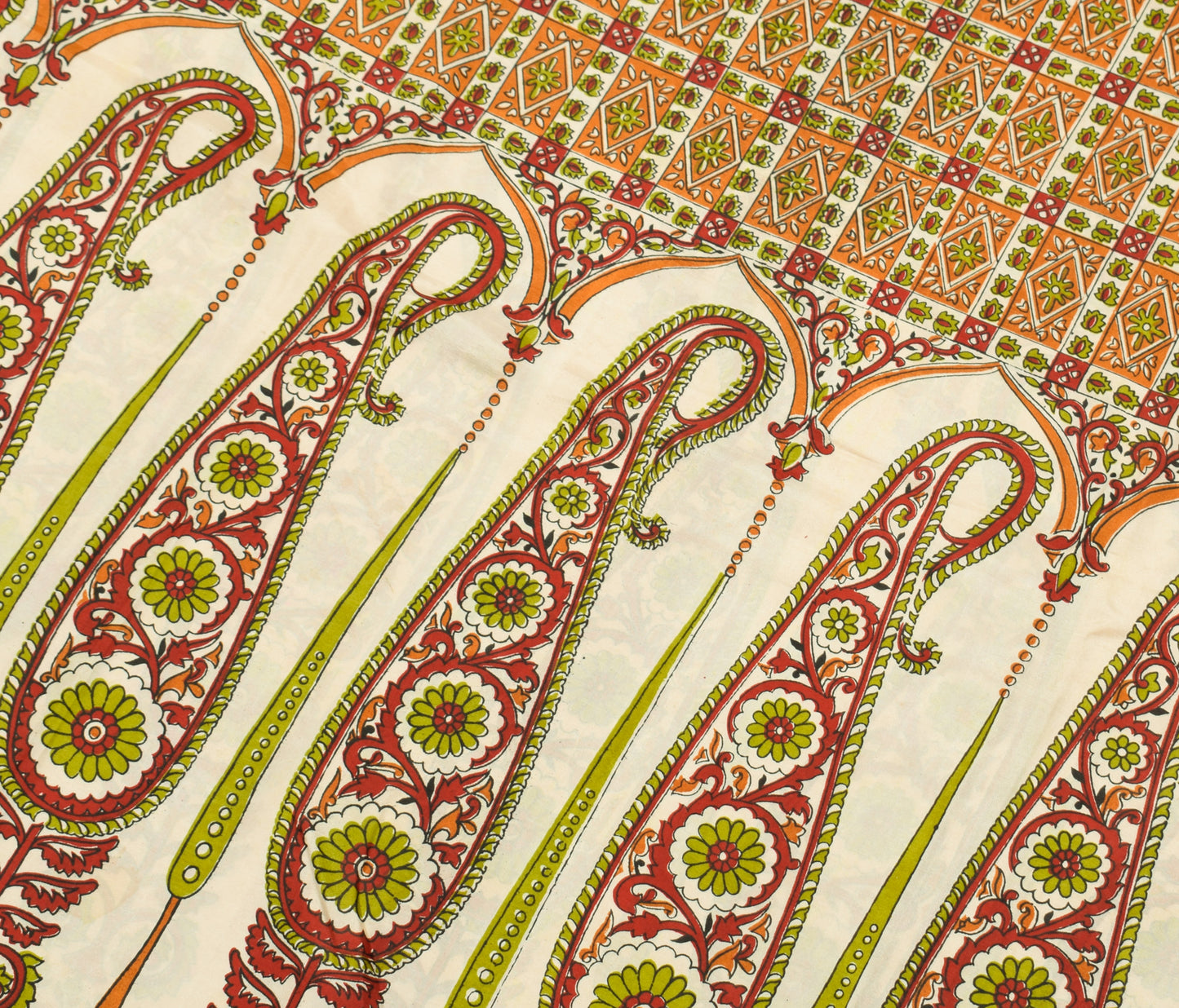 Sushila Vintage Cream Saree 100% Pure Silk Printed Paisley Soft Craft Fabric