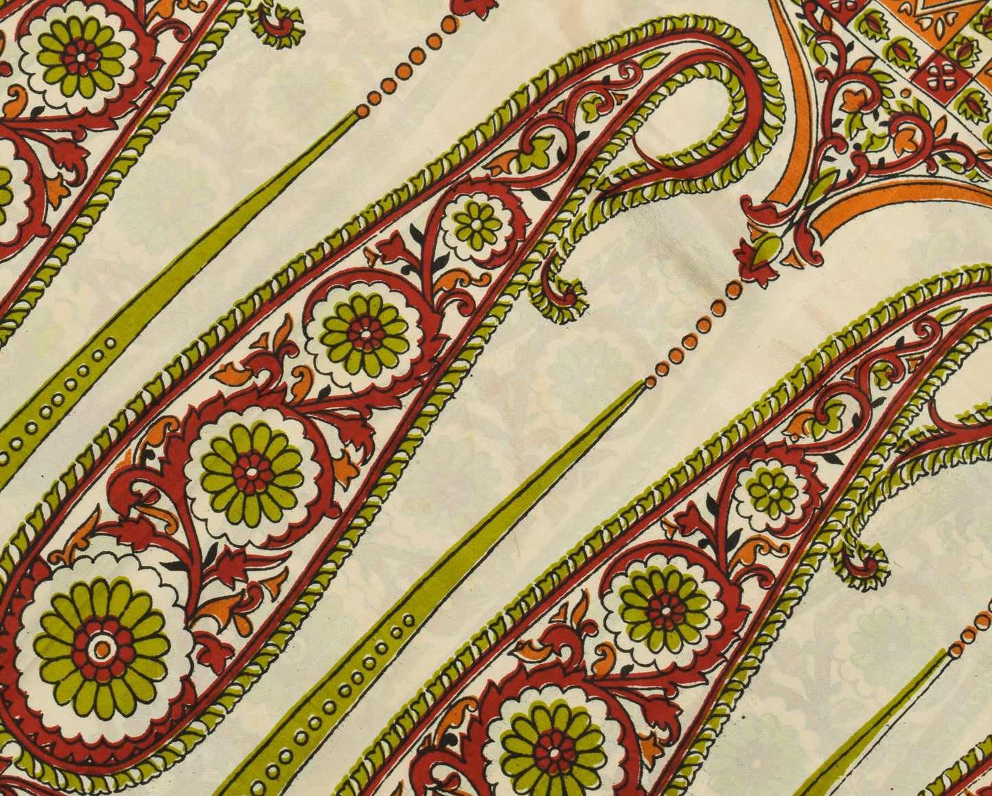 Sushila Vintage Cream Saree 100% Pure Silk Printed Paisley Soft Craft Fabric