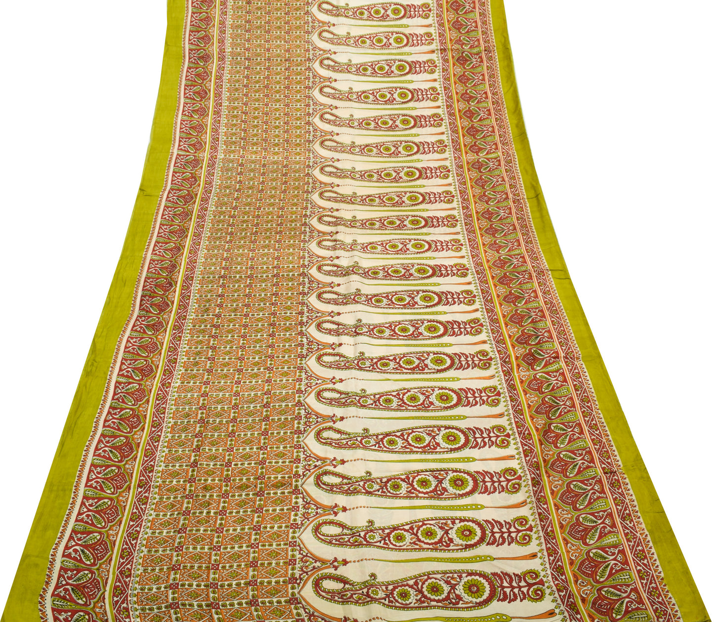 Sushila Vintage Cream Saree 100% Pure Silk Printed Paisley Soft Craft Fabric