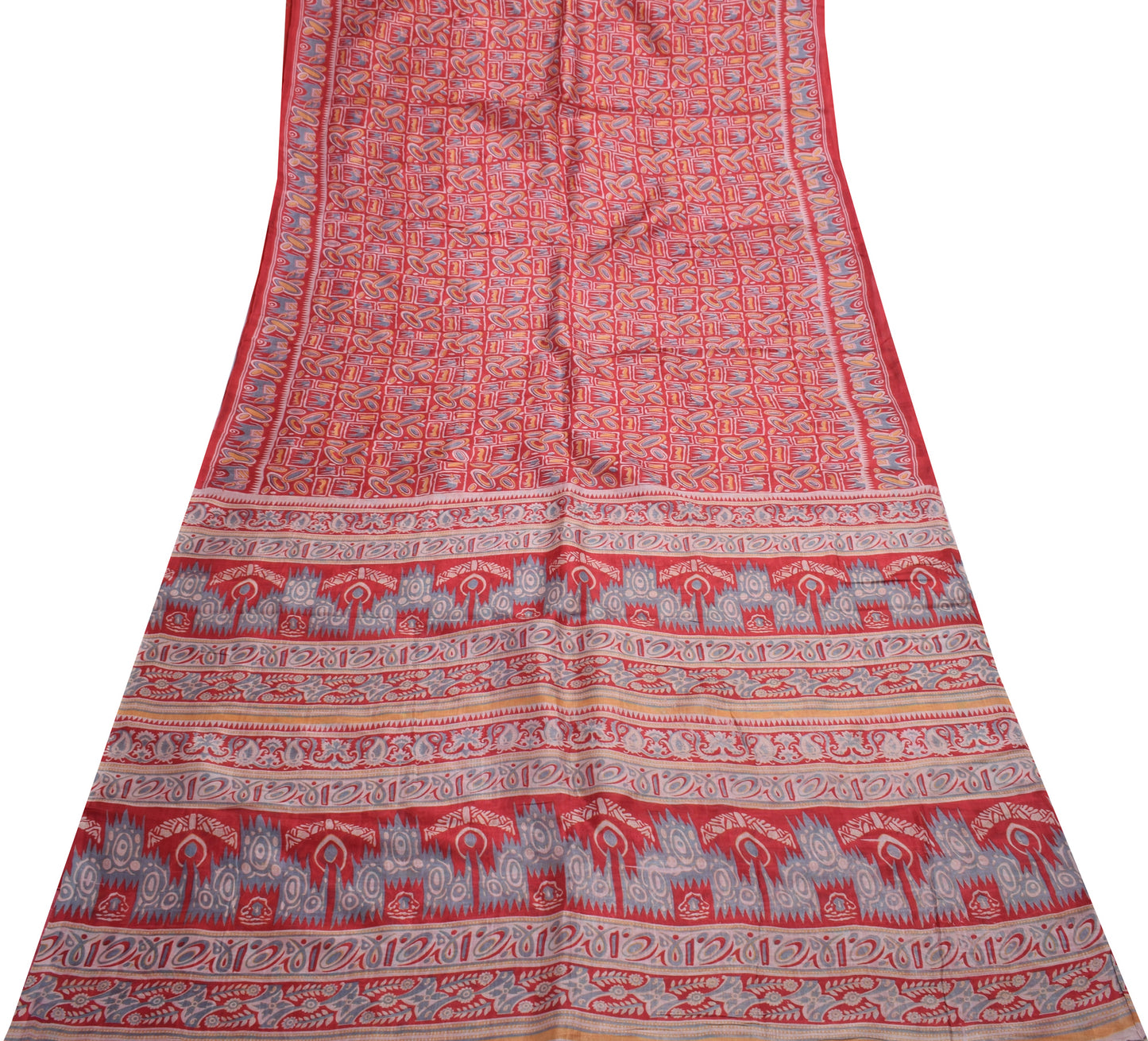 Sushila Vintage Red Indian Saree 100% Pure Silk Printed Animals Craft Fabric