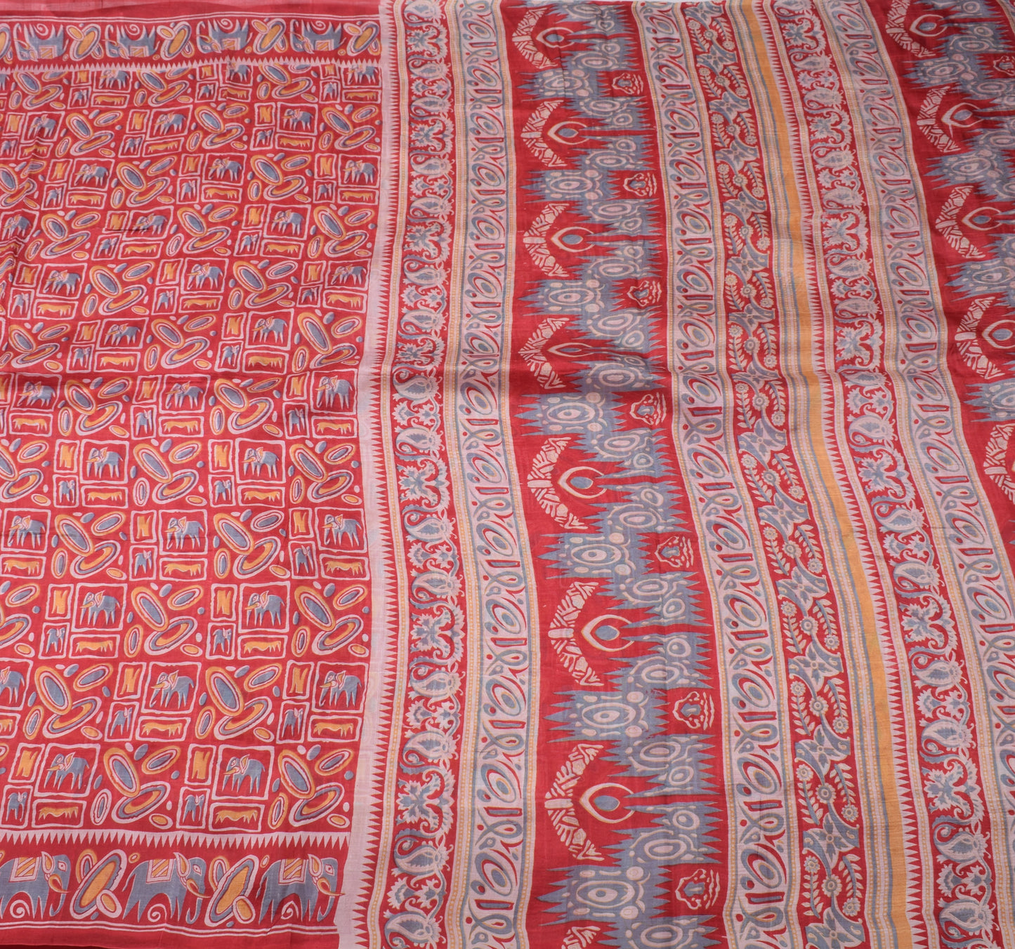 Sushila Vintage Red Indian Saree 100% Pure Silk Printed Animals Craft Fabric