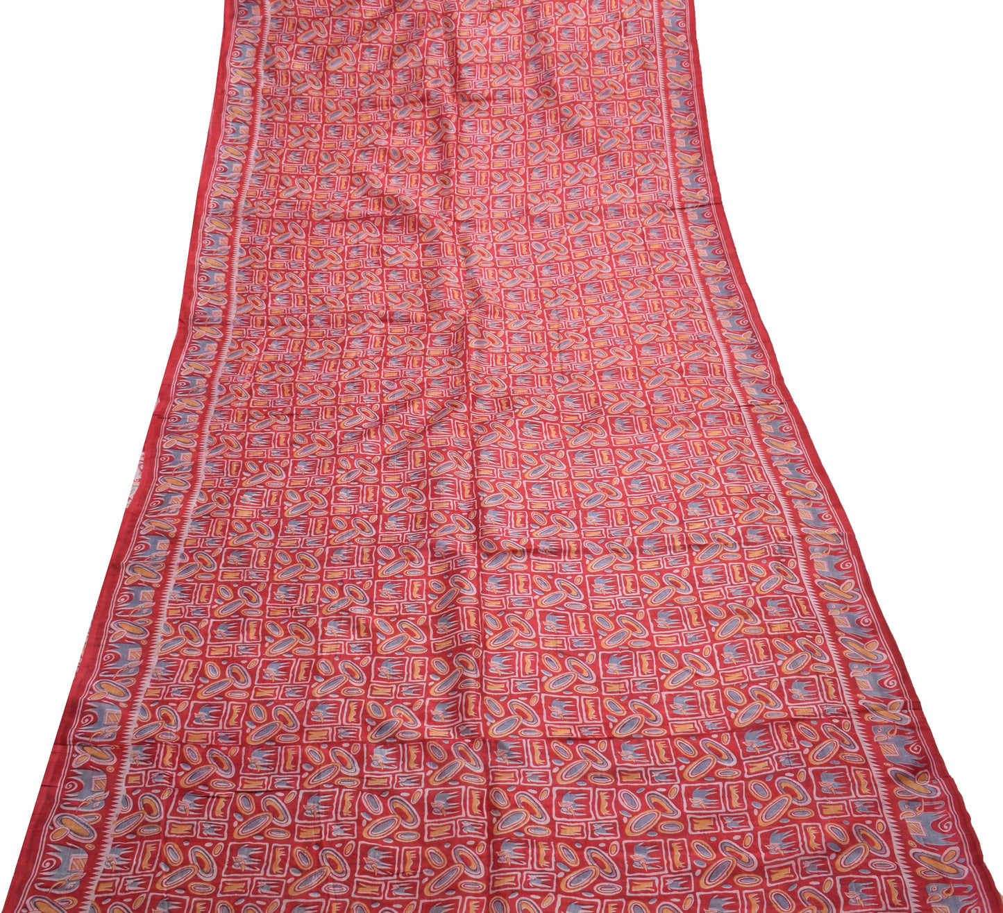 Sushila Vintage Red Indian Saree 100% Pure Silk Printed Animals Craft Fabric
