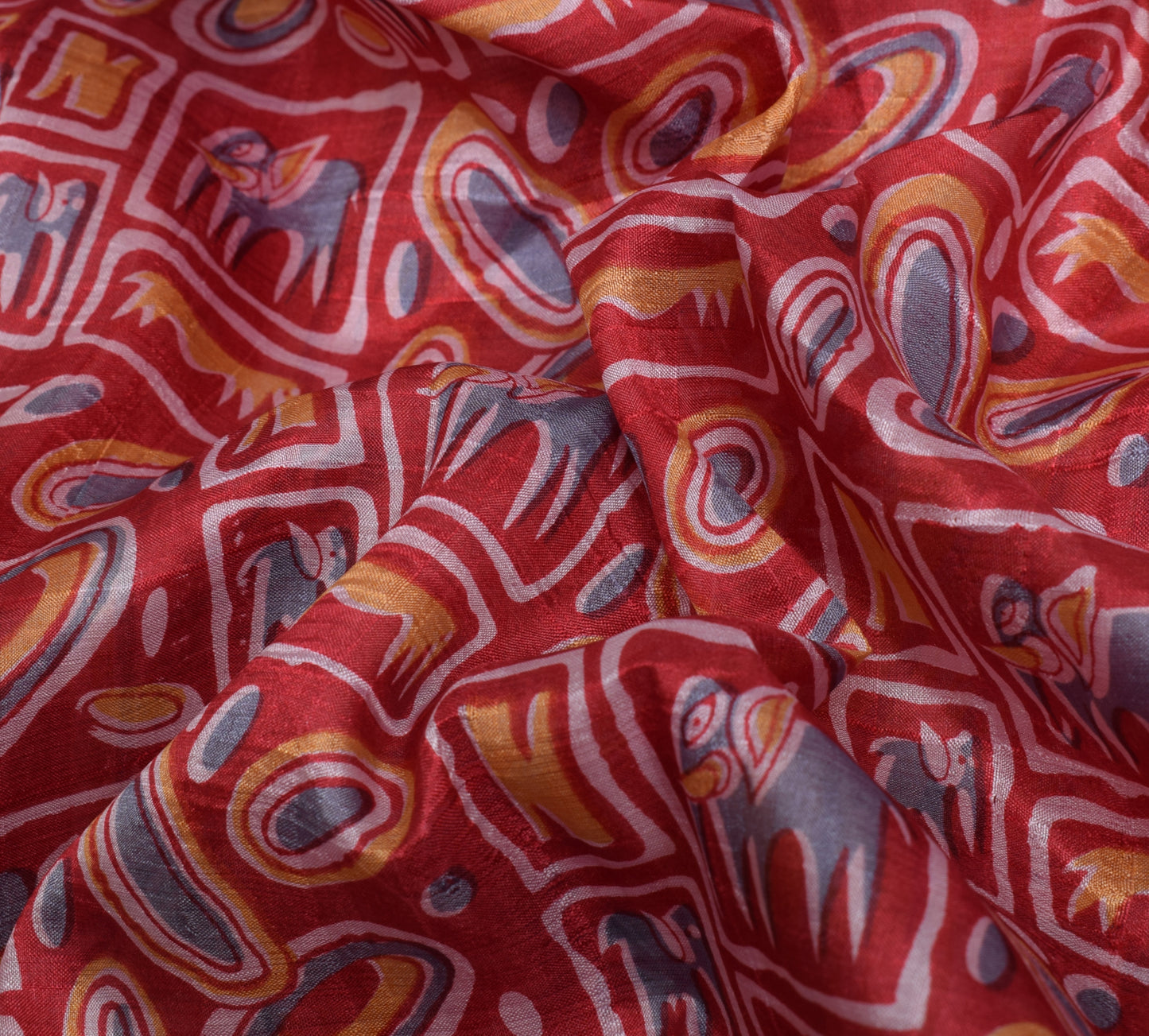 Sushila Vintage Red Indian Saree 100% Pure Silk Printed Animals Craft Fabric