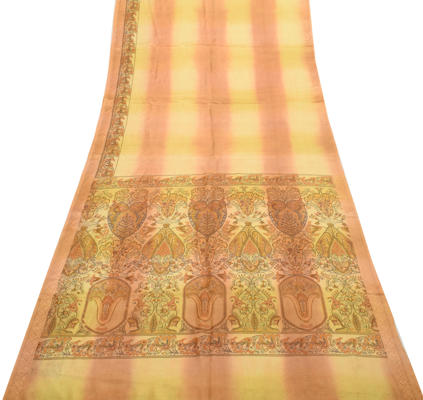 Sushila Vintage Yellow Saree 100% Pure Silk Printed Checks Soft Craft Fabric