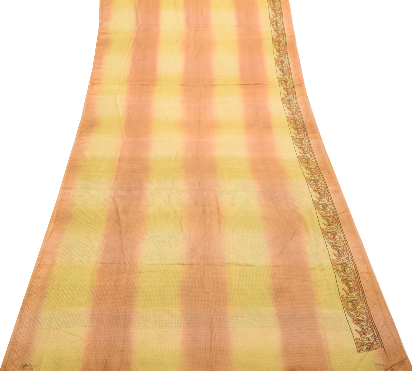 Sushila Vintage Yellow Saree 100% Pure Silk Printed Checks Soft Craft Fabric