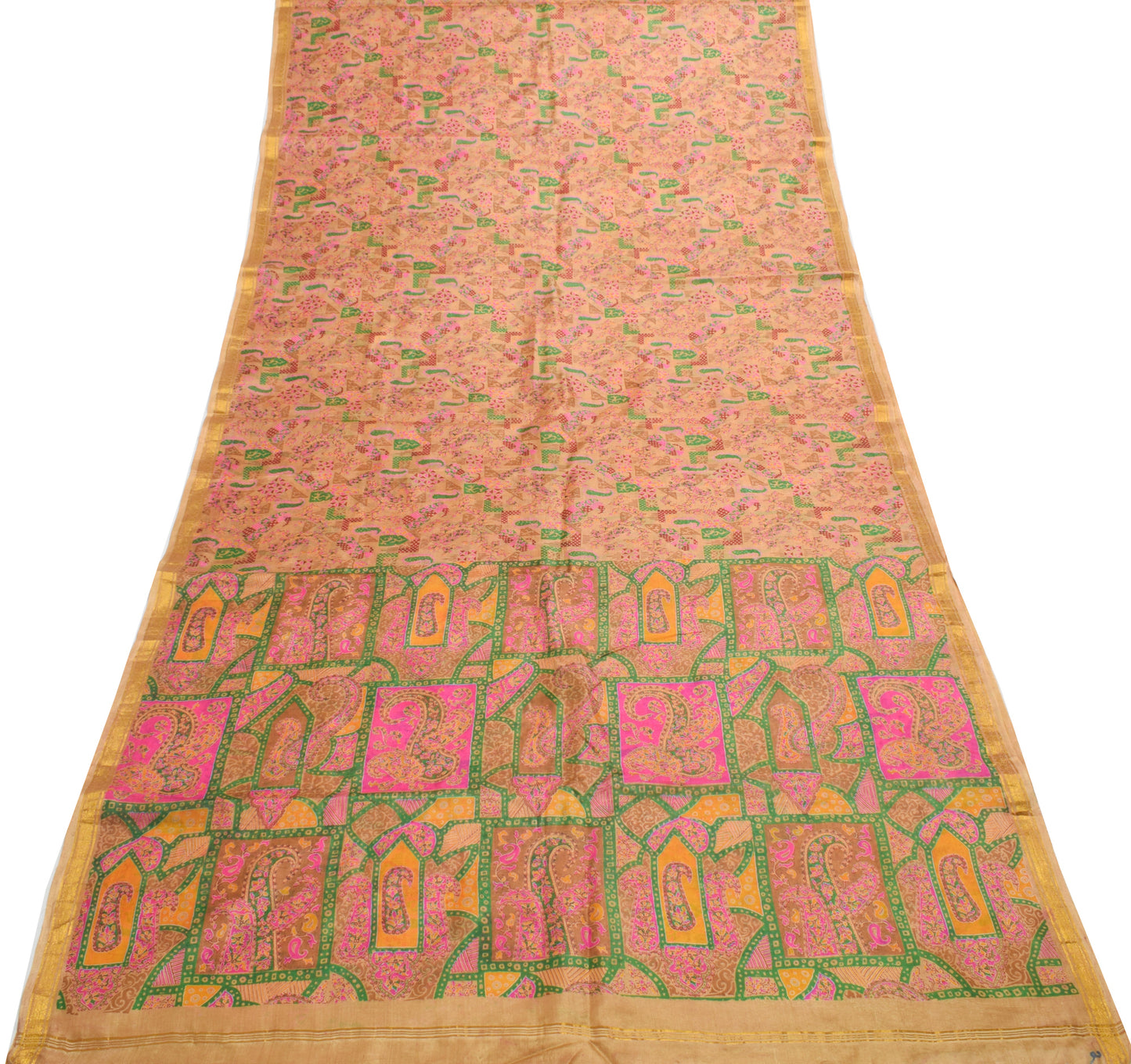 Sushila Vintage Brown Saree 100% Pure Silk Printed Paisley 5 Yard Craft Fabric