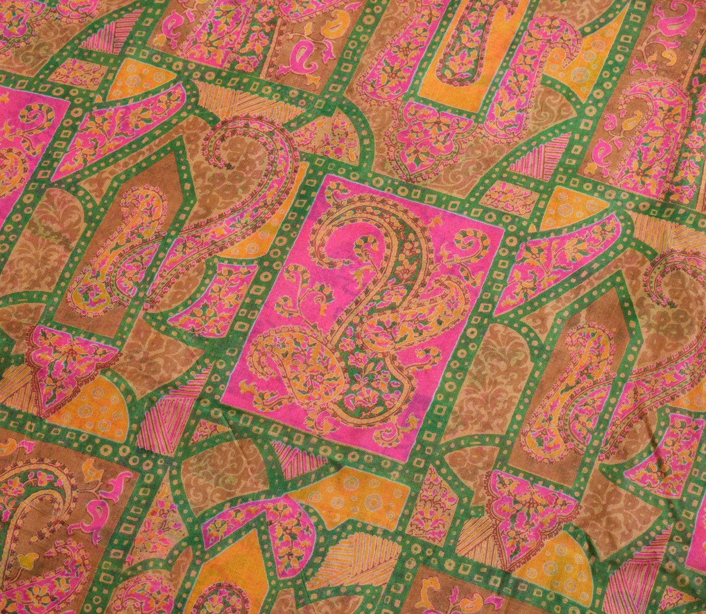 Sushila Vintage Brown Saree 100% Pure Silk Printed Paisley 5 Yard Craft Fabric