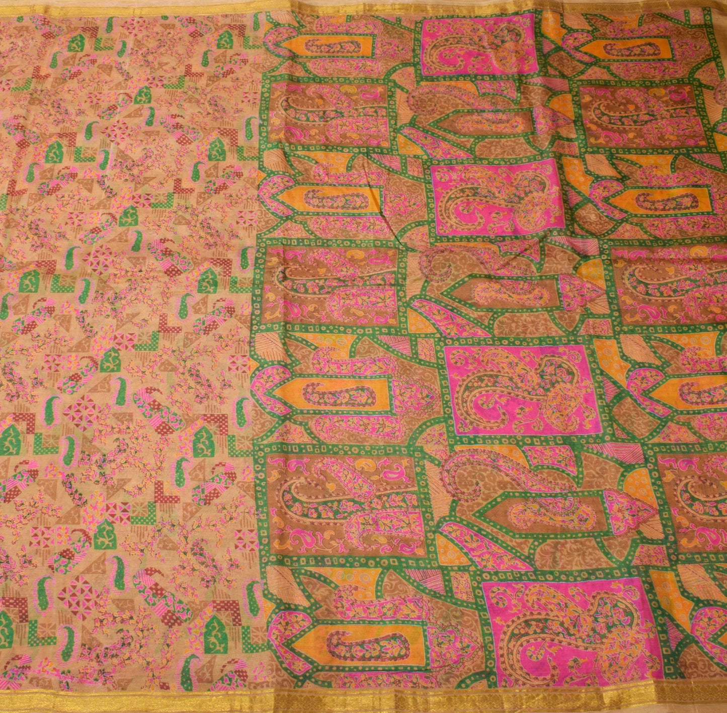 Sushila Vintage Brown Saree 100% Pure Silk Printed Paisley 5 Yard Craft Fabric