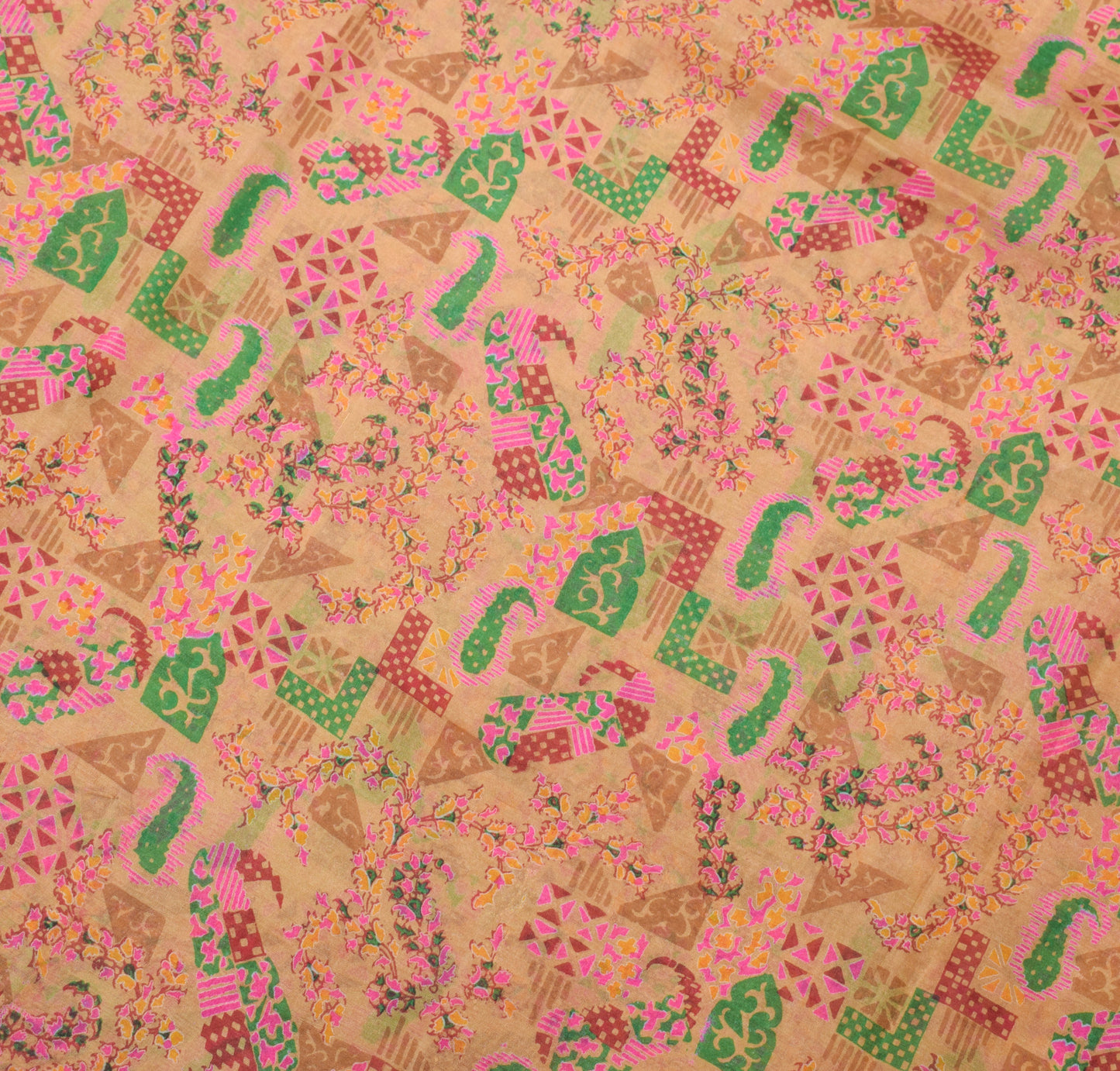 Sushila Vintage Brown Saree 100% Pure Silk Printed Paisley 5 Yard Craft Fabric