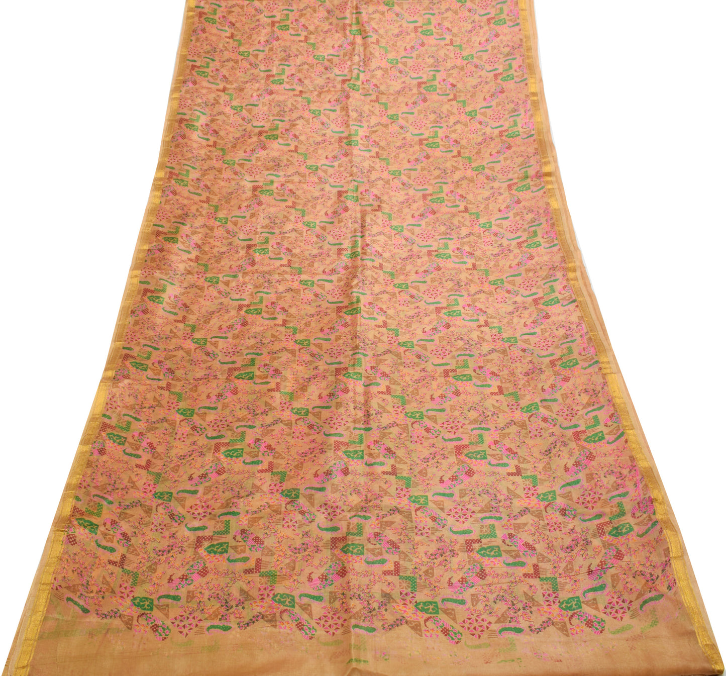 Sushila Vintage Brown Saree 100% Pure Silk Printed Paisley 5 Yard Craft Fabric
