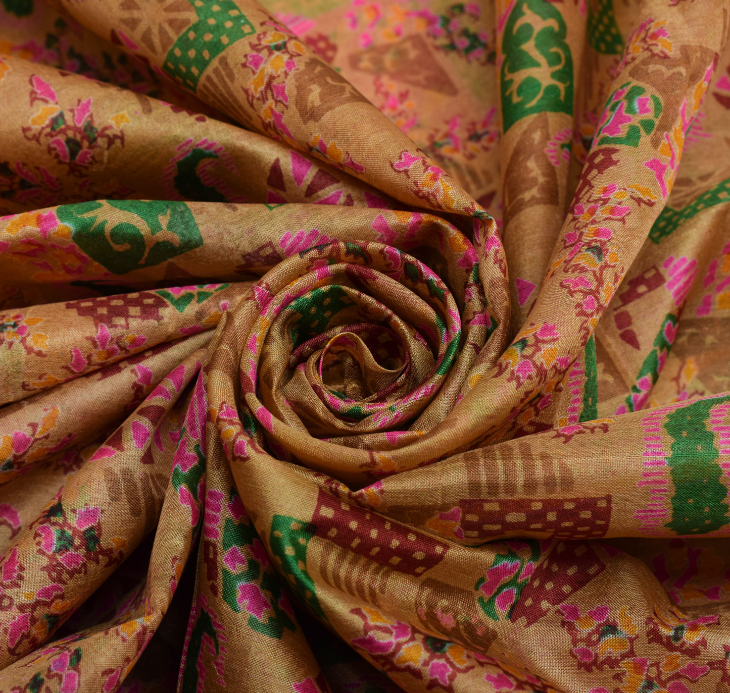 Sushila Vintage Brown Saree 100% Pure Silk Printed Paisley 5 Yard Craft Fabric