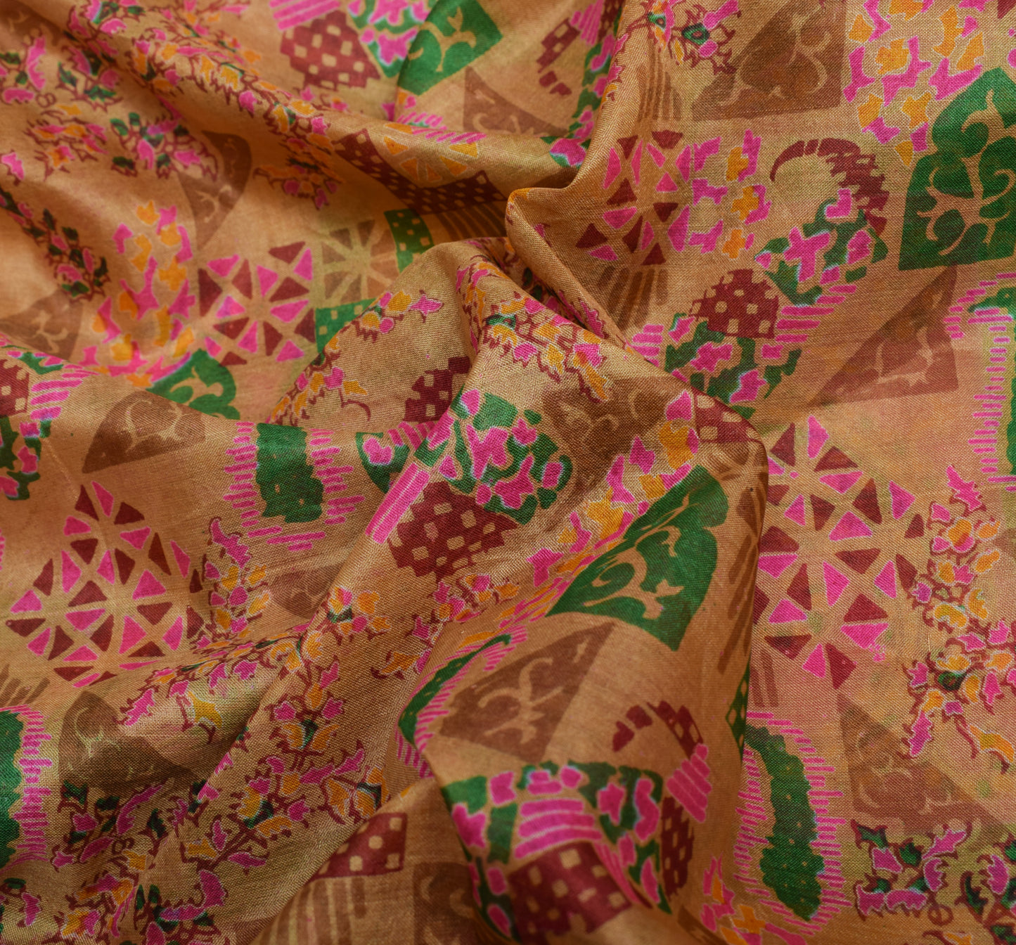 Sushila Vintage Brown Saree 100% Pure Silk Printed Paisley 5 Yard Craft Fabric