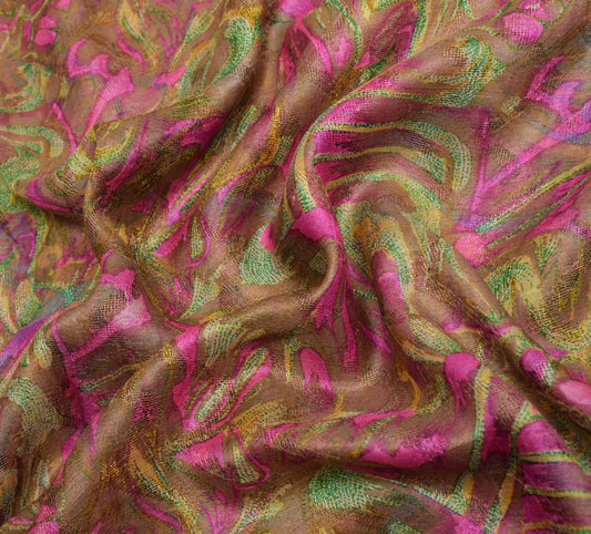 Sushila Vintage Brown Saree 100% Pure Silk Printed Abstract Soft Craft Fabric