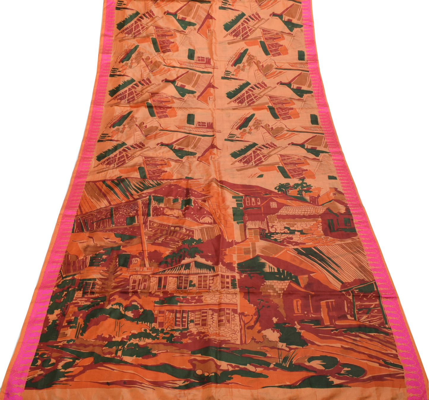 Sushila Vintage Brown Indian Saree 100% Pure Silk Printed 5 YD Soft Craft Fabric