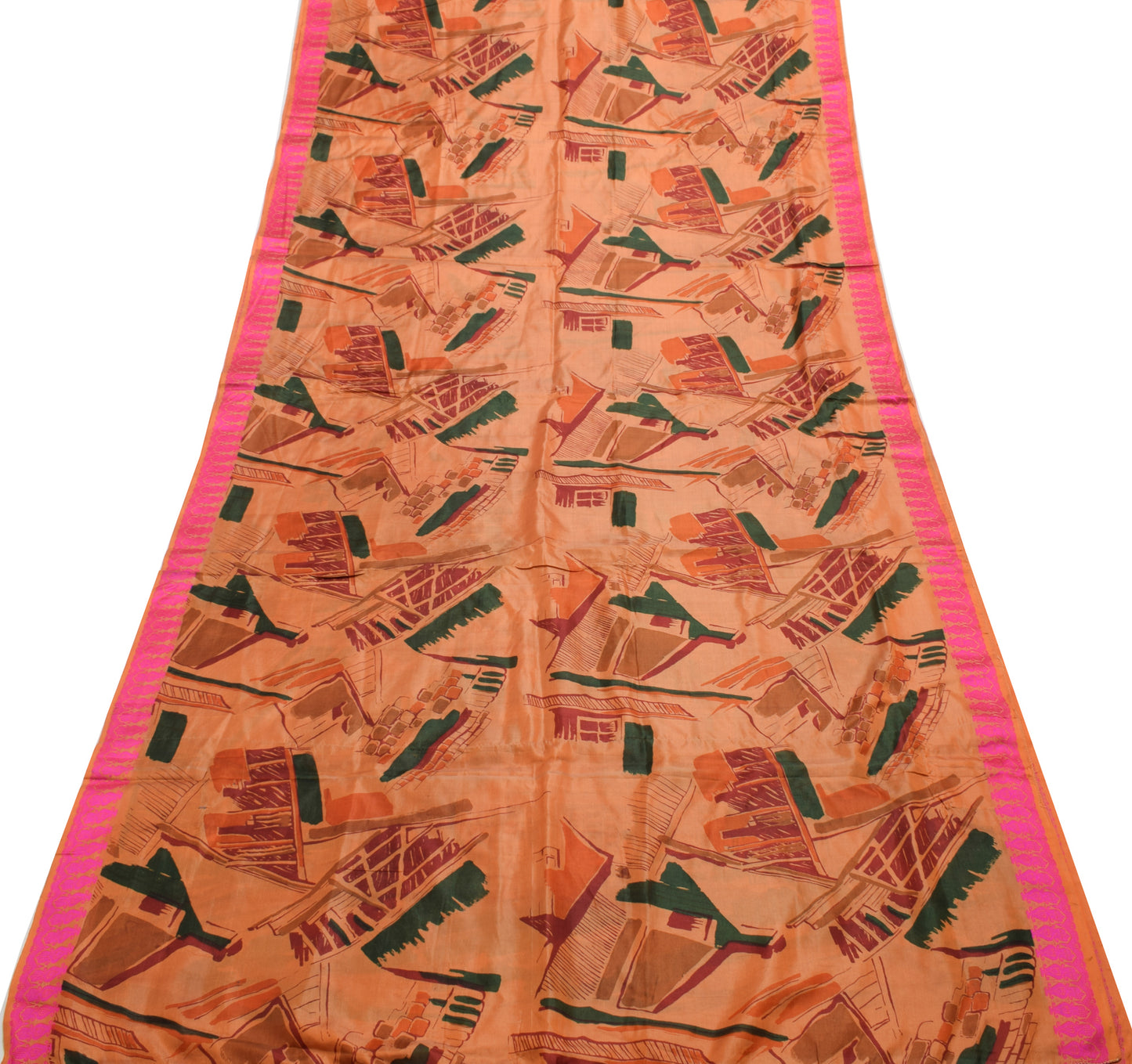 Sushila Vintage Brown Indian Saree 100% Pure Silk Printed 5 YD Soft Craft Fabric