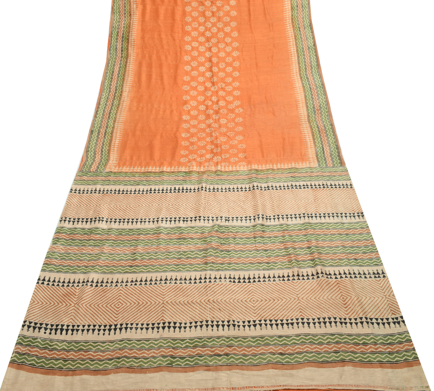 Sushila Vintage Orange Saree 100% Pure Silk Woven Floral Soft 5 YD Craft Fabric