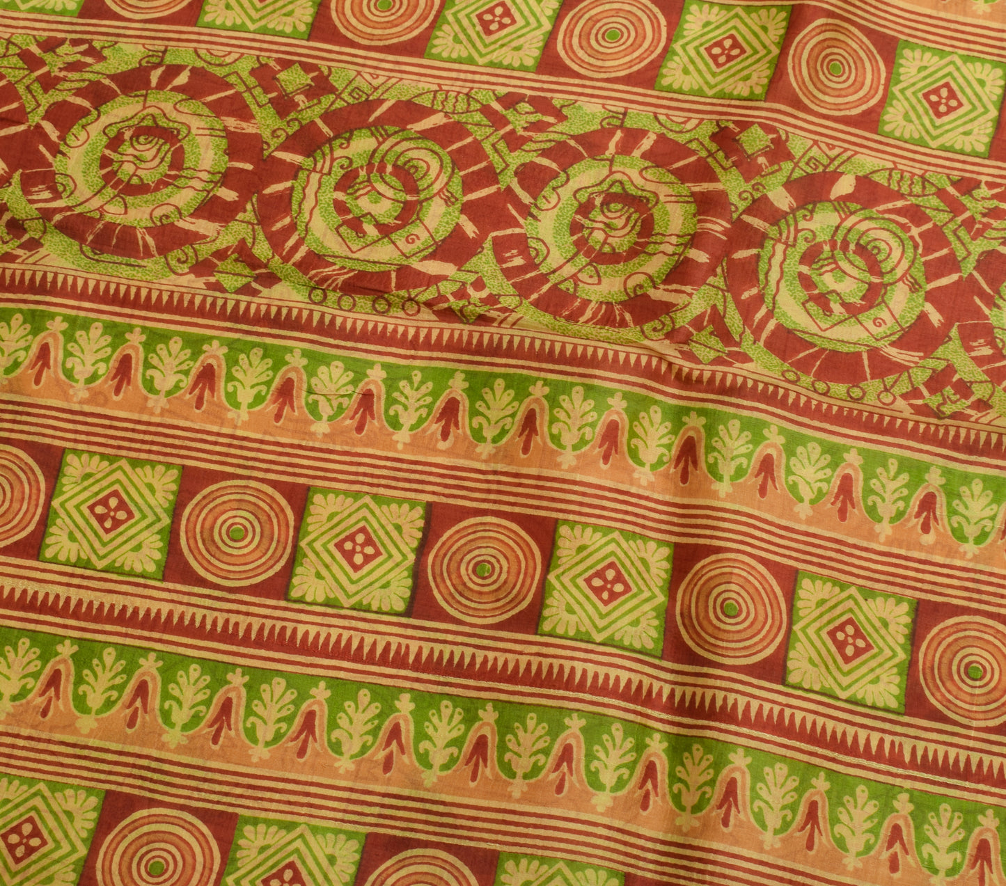 Sushila Vintage Brown Indian Saree 100%Pure Silk Printed Floral 5YD Craft Fabric
