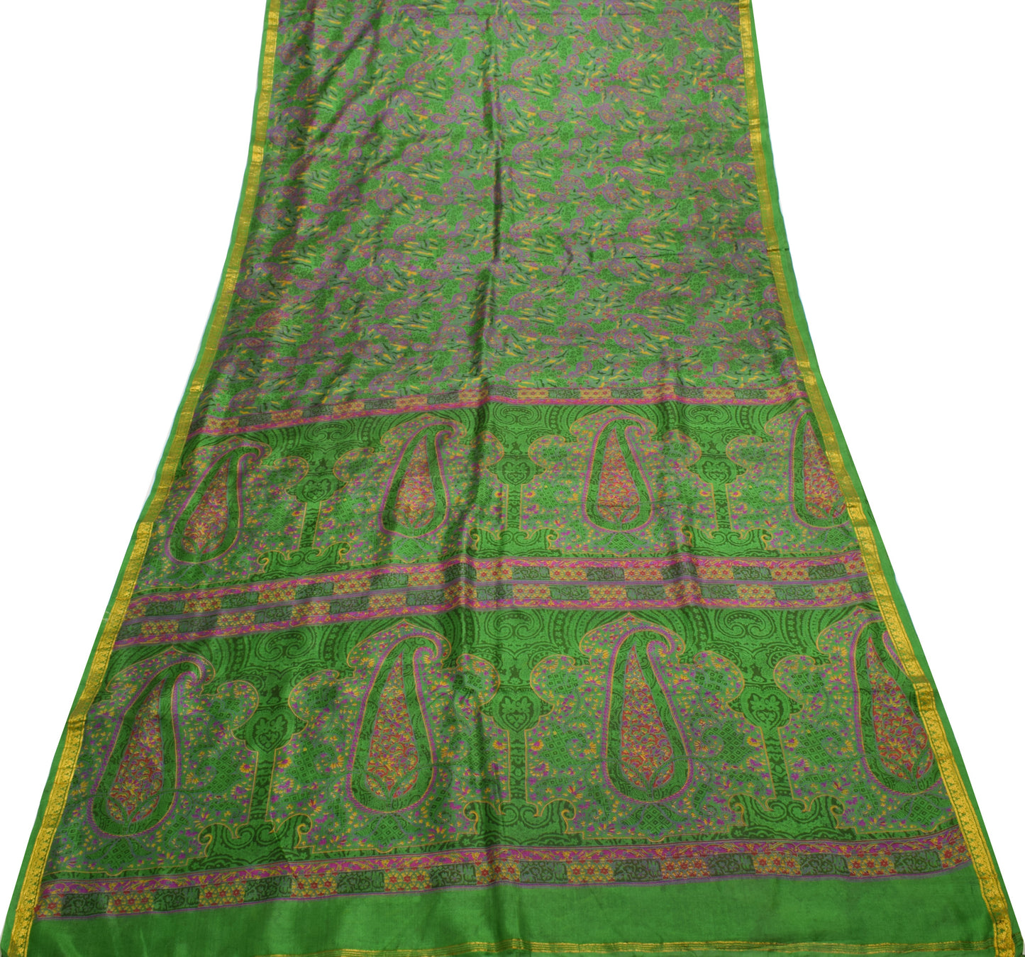 Sushila Vintage Green Saree 100% Pure Silk Printed Paisley Soft Craft Fabric