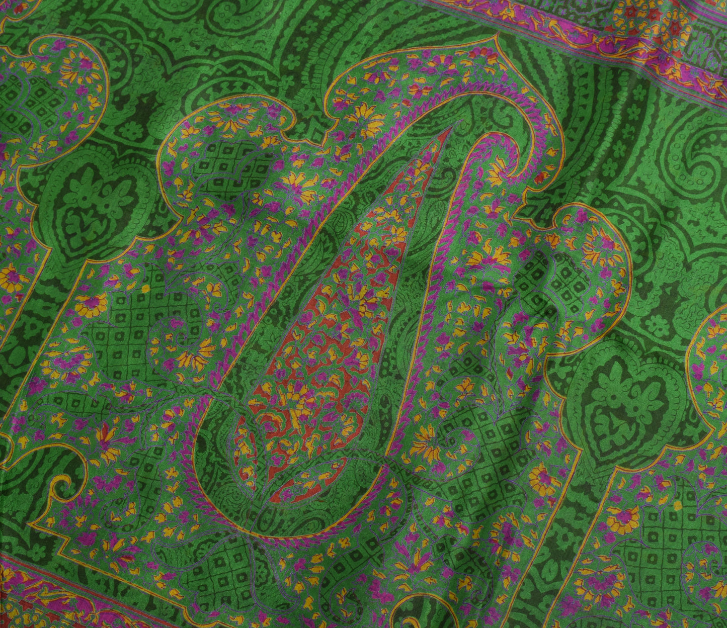 Sushila Vintage Green Saree 100% Pure Silk Printed Paisley Soft Craft Fabric