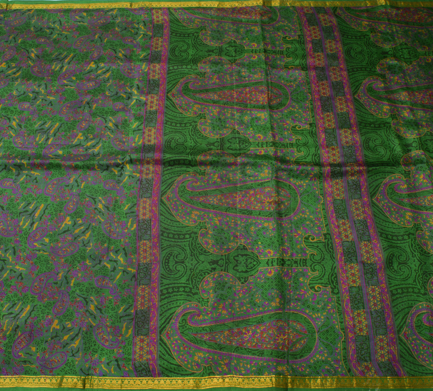 Sushila Vintage Green Saree 100% Pure Silk Printed Paisley Soft Craft Fabric