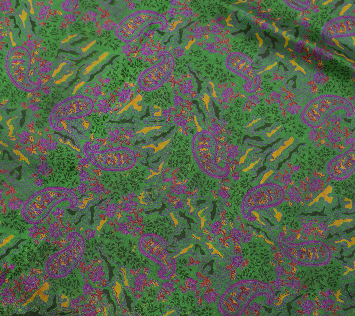 Sushila Vintage Green Saree 100% Pure Silk Printed Paisley Soft Craft Fabric