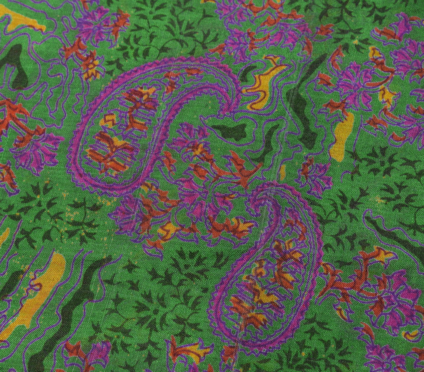 Sushila Vintage Green Saree 100% Pure Silk Printed Paisley Soft Craft Fabric