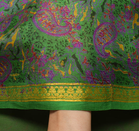 Sushila Vintage Green Saree 100% Pure Silk Printed Paisley Soft Craft Fabric