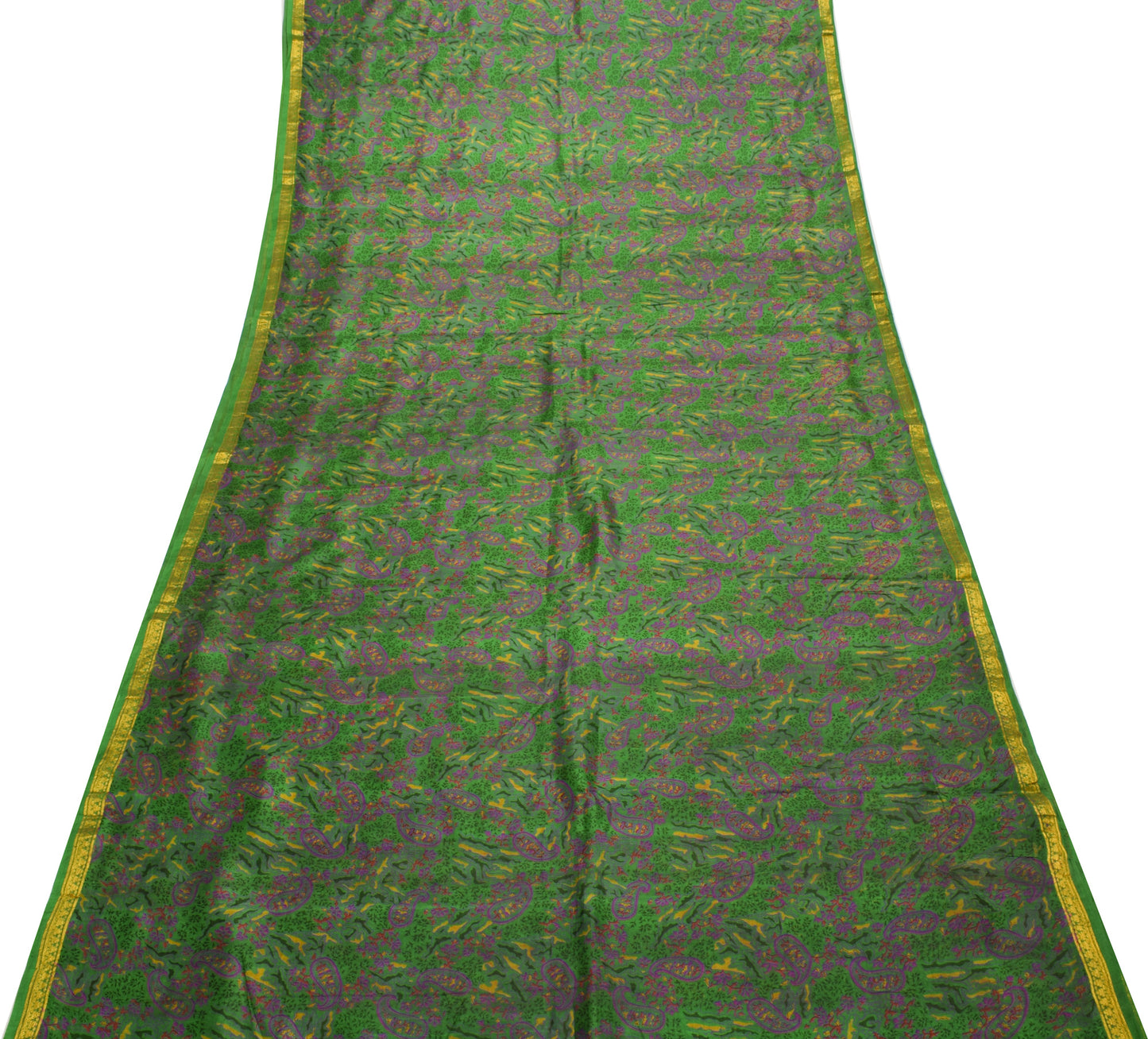 Sushila Vintage Green Saree 100% Pure Silk Printed Paisley Soft Craft Fabric