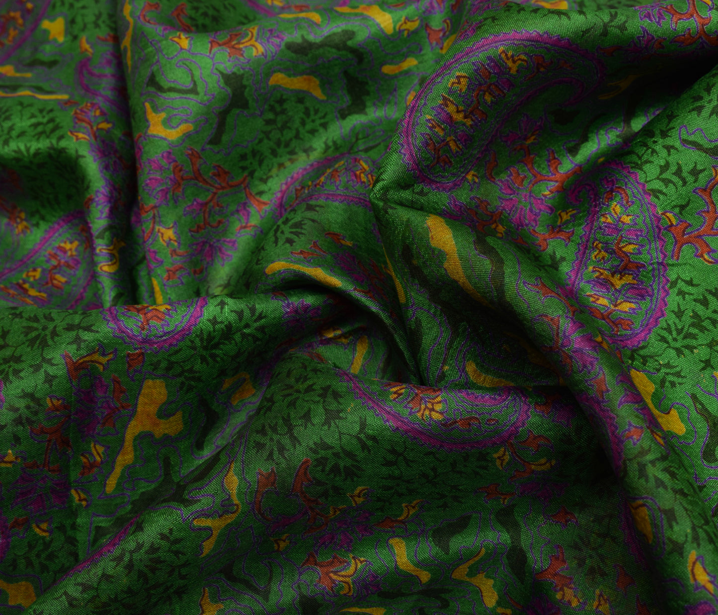 Sushila Vintage Green Saree 100% Pure Silk Printed Paisley Soft Craft Fabric