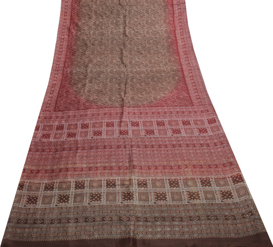 Sushila Vintage Brown Indian Saree 100% Pure Silk Printed 5 YD Soft Craft Fabric