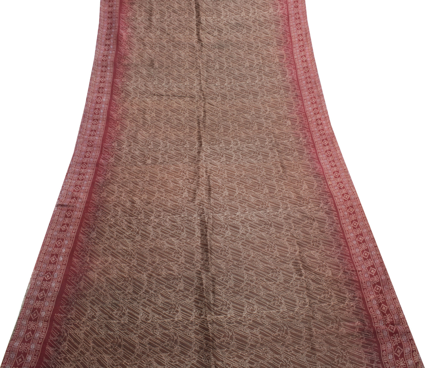 Sushila Vintage Brown Indian Saree 100% Pure Silk Printed 5 YD Soft Craft Fabric