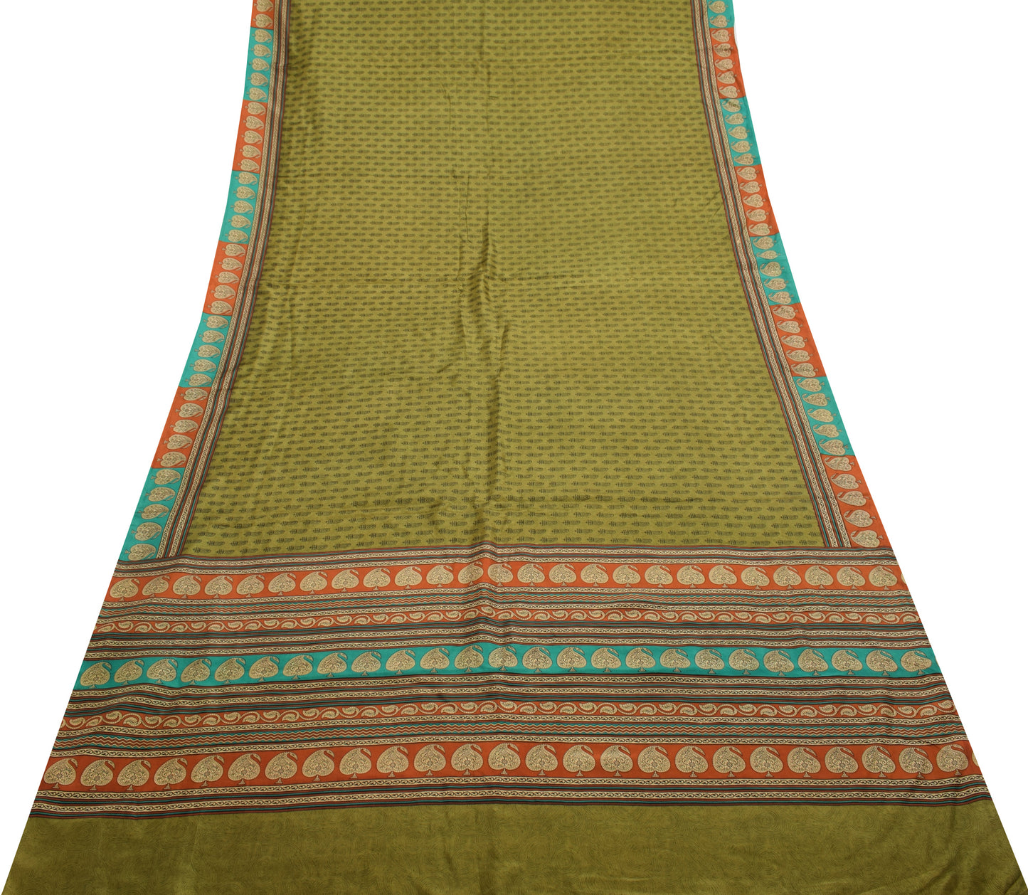Sushila Vintage Green Saree 100% Pure Silk Printed Paisley Soft Craft Fabric
