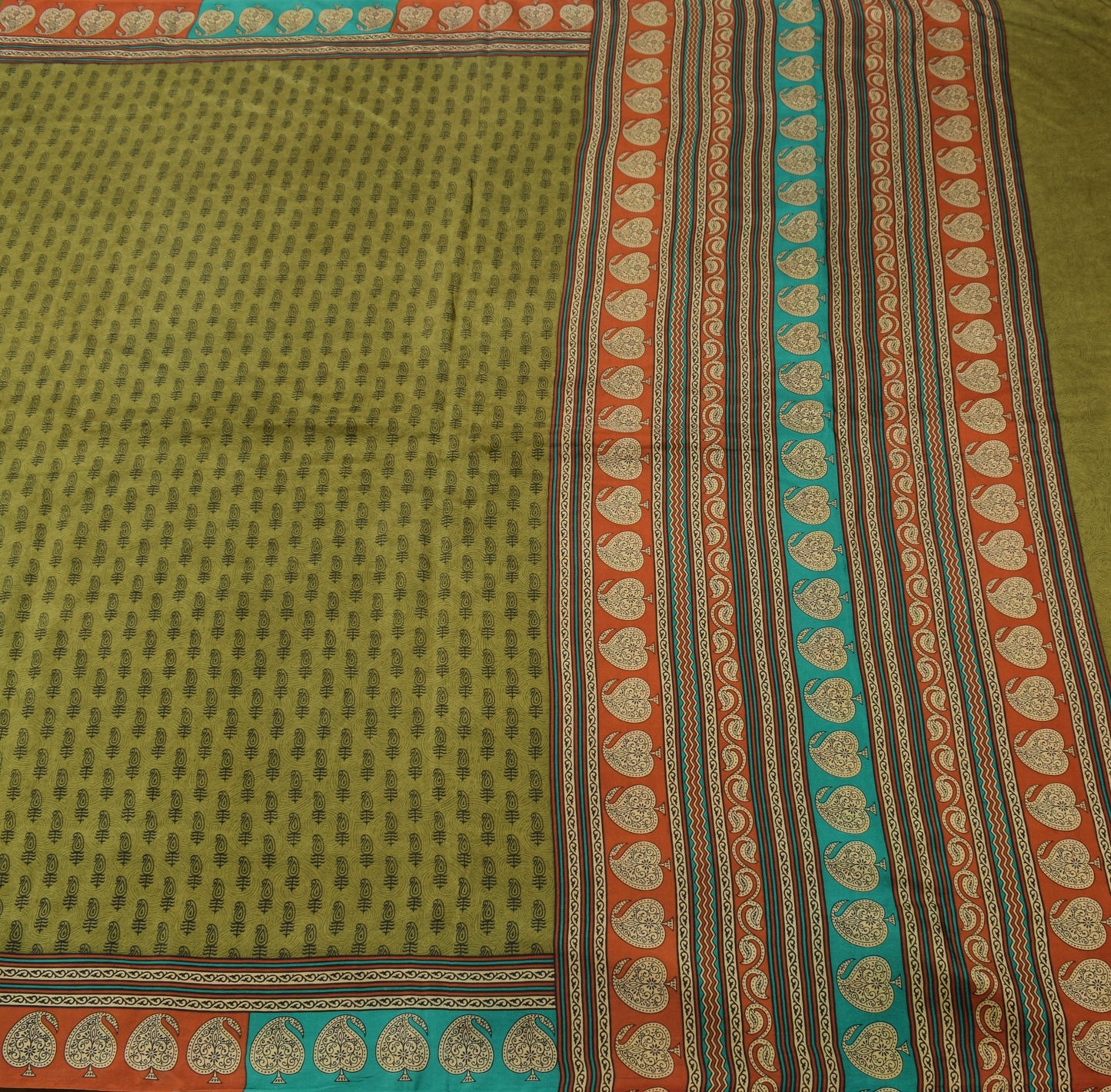 Sushila Vintage Green Saree 100% Pure Silk Printed Paisley Soft Craft Fabric