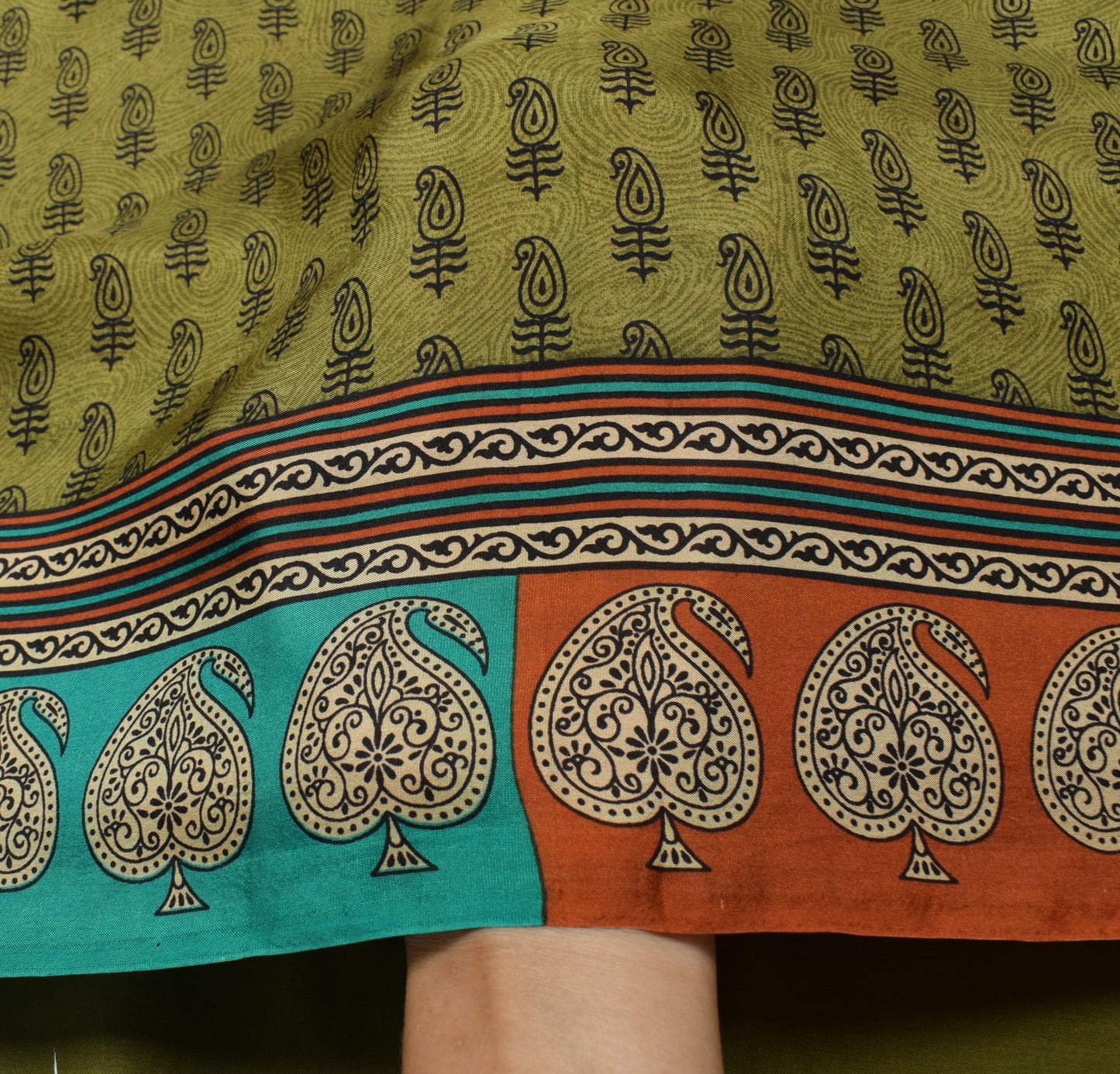 Sushila Vintage Green Saree 100% Pure Silk Printed Paisley Soft Craft Fabric