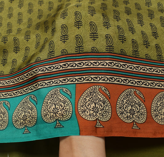 Sushila Vintage Green Saree 100% Pure Silk Printed Paisley Soft Craft Fabric