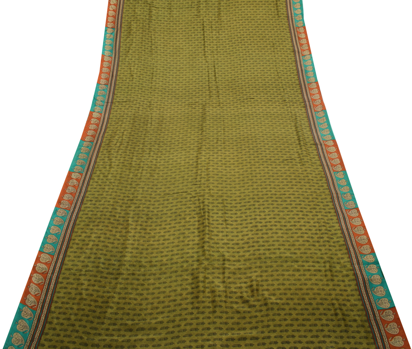 Sushila Vintage Green Saree 100% Pure Silk Printed Paisley Soft Craft Fabric
