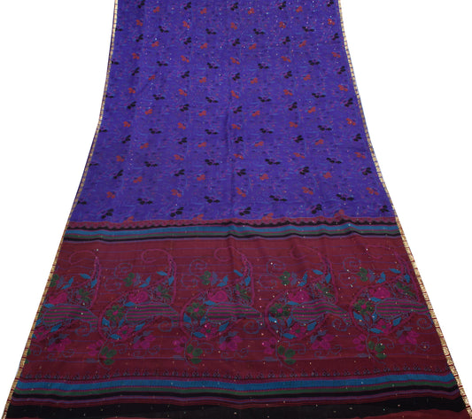Sushila Vintage Purplish Blue Saree 100% Pure Silk Printed Soft Craft Fabric