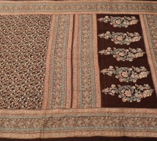 Sushila Vintage Brown Saree 100% Pure Silk Hand Block Printed Floral Soft Fabric