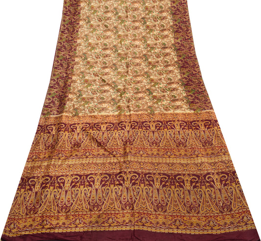 Sushila Vintage Cream Saree 100% Pure Silk Printed Paisley Soft Craft Fabric