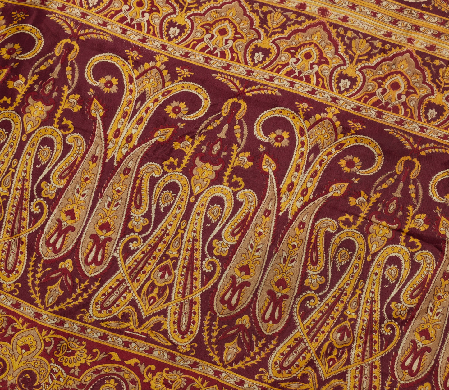 Sushila Vintage Cream Saree 100% Pure Silk Printed Paisley Soft Craft Fabric