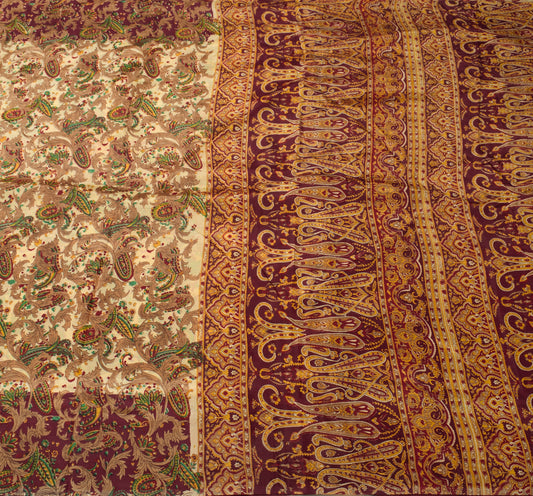Sushila Vintage Cream Saree 100% Pure Silk Printed Paisley Soft Craft Fabric